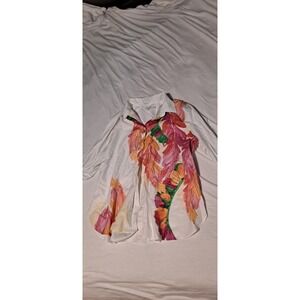 Chico's White And Colorful Feather Design Button Up Shirt Size 3